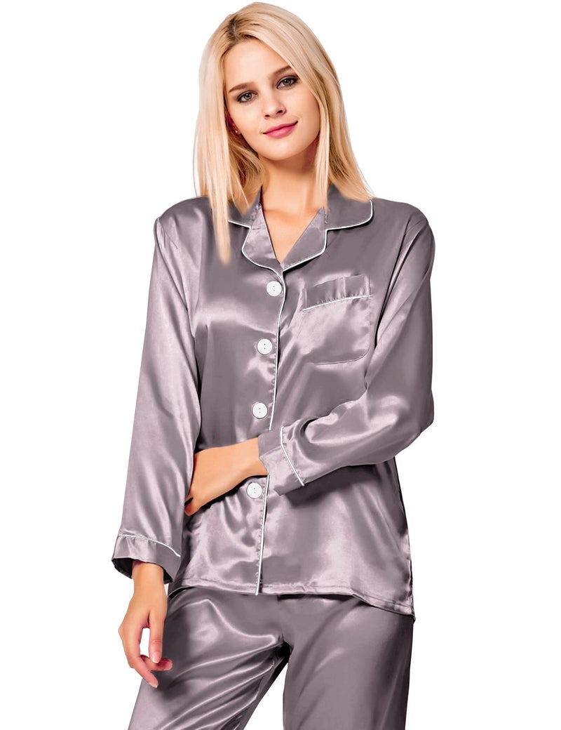 SWOMOG Womens Silk Satin Pajamas Long Sleeve Loungewear Two-Piece Sleepwear Button-Down Pj Set - Image 2